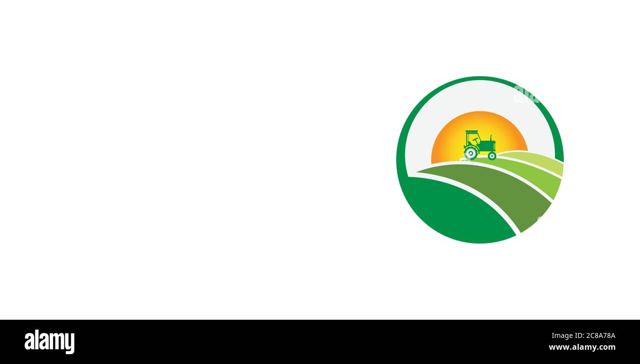 Logo agricolo con trattori agricoli sullo sfondo macchine agricole e illustrazione del logo dell'industria agricola Illustrazione Vettoriale