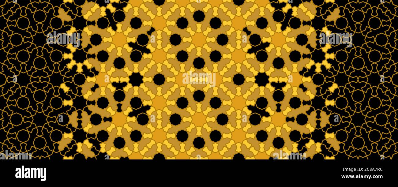 Sfondo mosaico marocchino, bordo vettoriale ricorrente, motivo, sfondo. Texture geometricia marocchina halftone con piastrelle nere e dorate Illustrazione Vettoriale