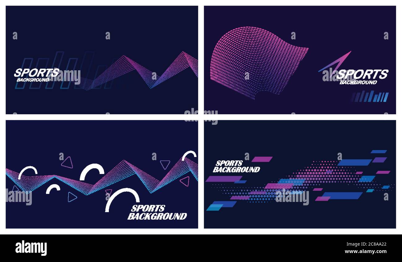 Set di quattro sfondi sportivi astratti scuri in blu e viola Illustrazione Vettoriale