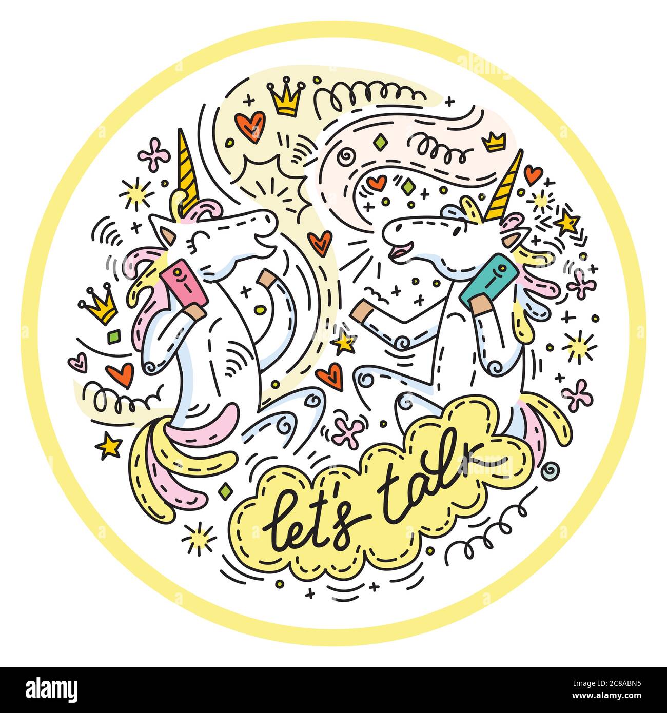 Divertente simpatico unicorni divertente parlare sul telefono.Let's talk.colorful vettore umorismo carattere in stile doodle.illustrazione isolata per adesivi, design cush Illustrazione Vettoriale