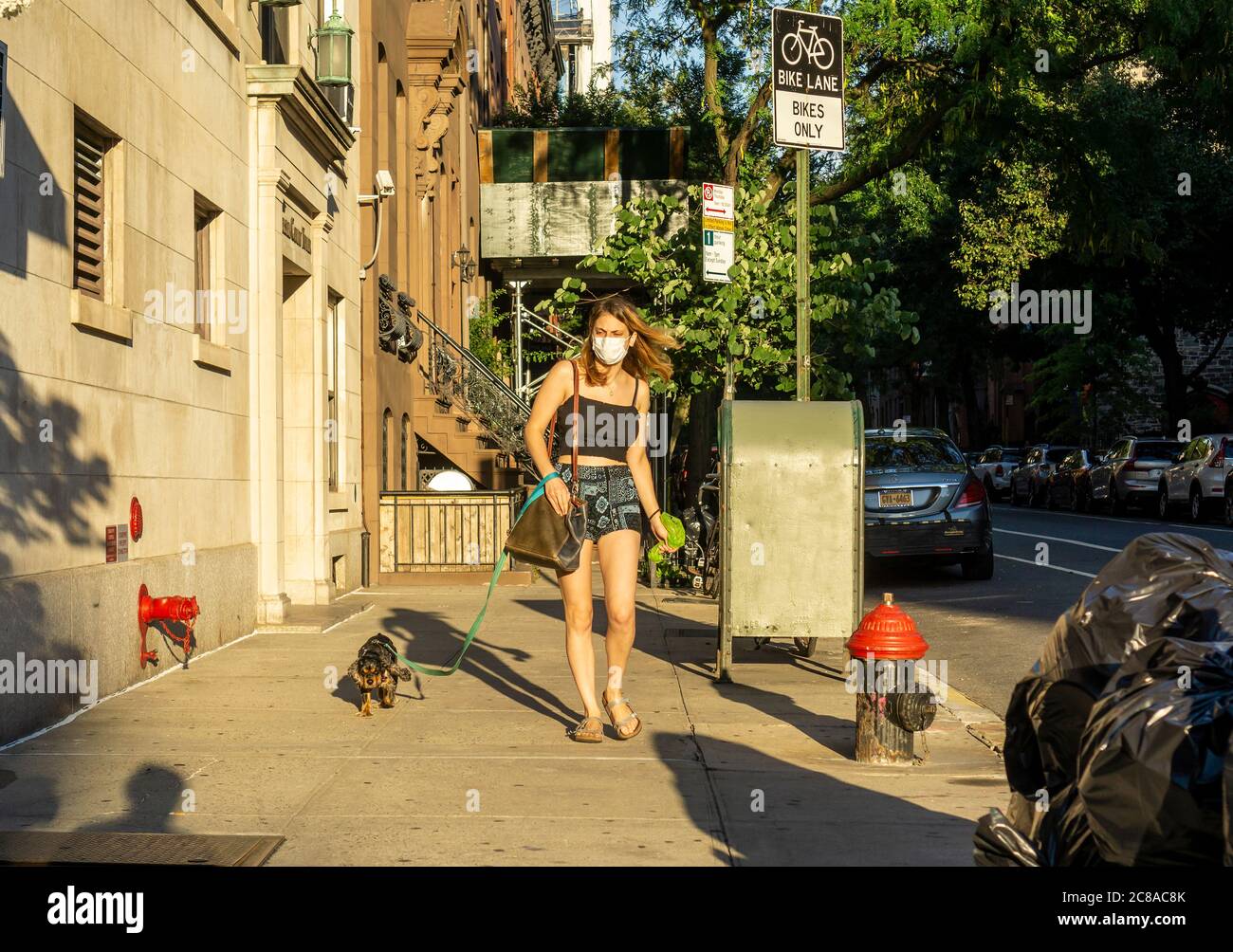 Donna che indossa la sua maschera cammina il suo cane il quartiere Chelsea a New York il Lunedi, 20 luglio 2020, il giorno New York entra nella fase 4 della riapertura. (© Richard B. Levine) Foto Stock
