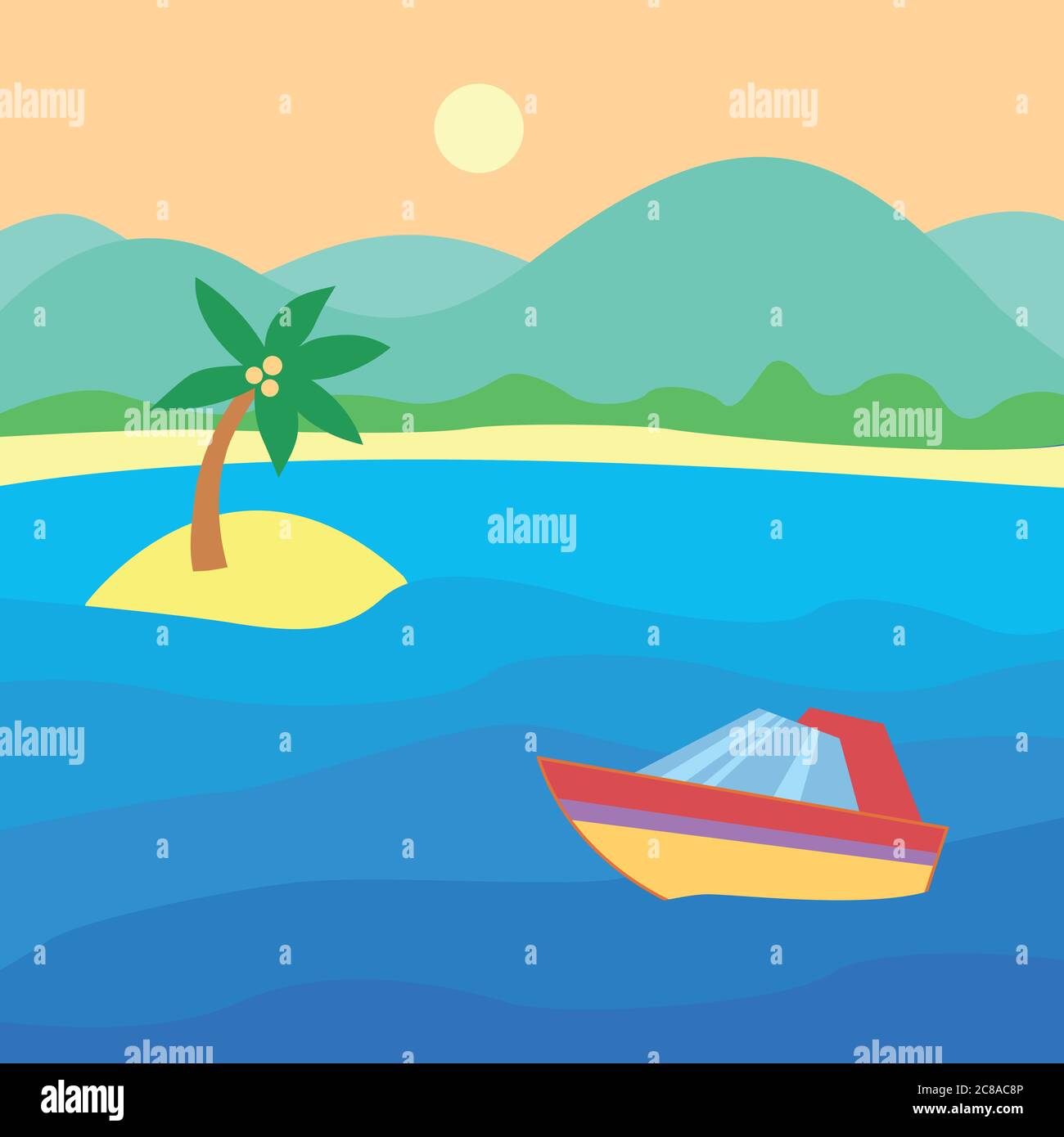 Lancia sull'acqua. Paesaggio tropicale con nave, oceano, cielo, sole Illustrazione Vettoriale