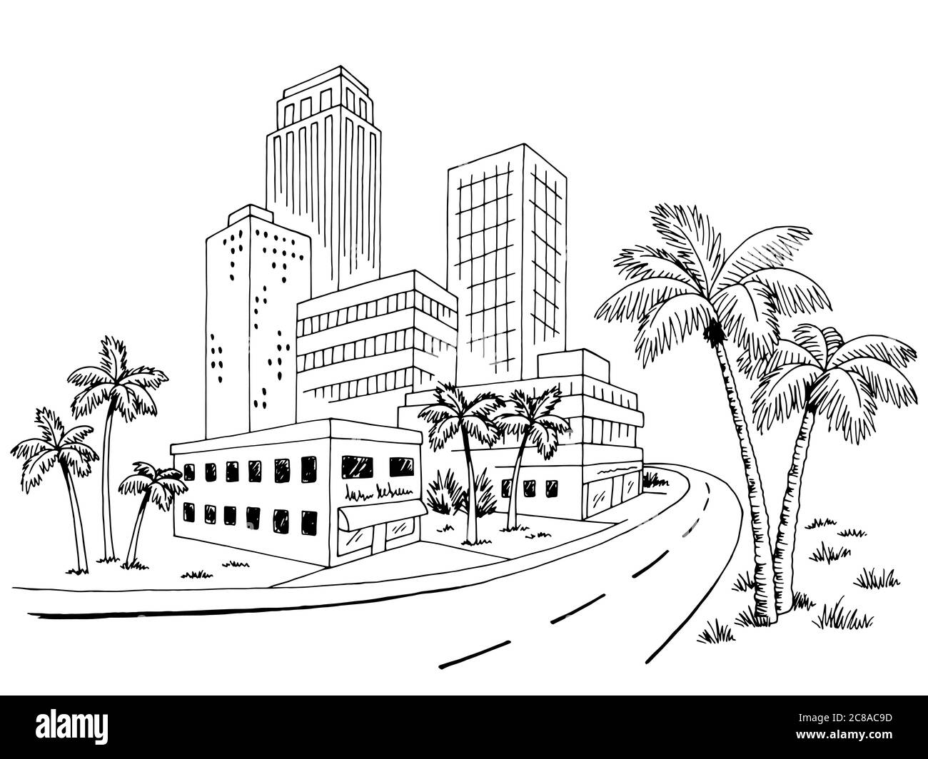 Città meridionale grafica nero bianco skyline disegno skyline vettore illustrazione Illustrazione Vettoriale