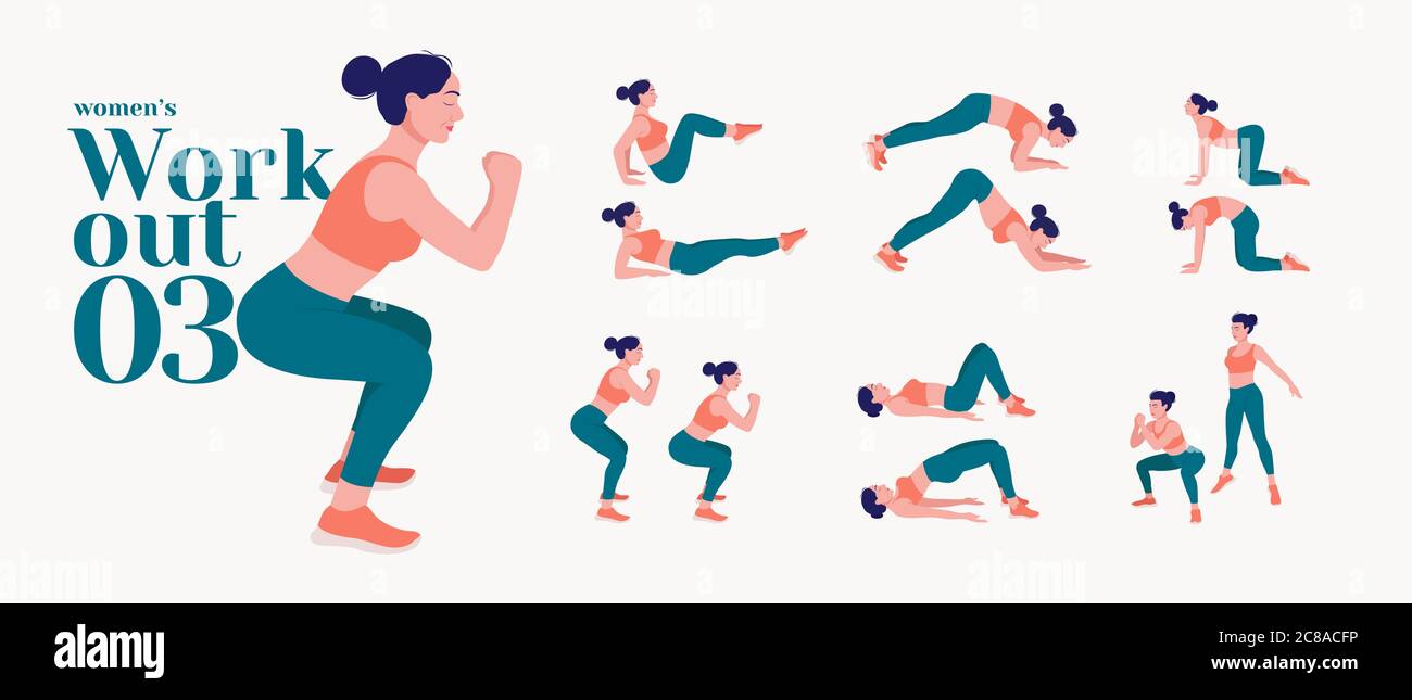 Set da donna per allenamento. Fitness e yoga per le donne. Affondo, pushup,  squat, file di manubri, burpee, assi laterali, situps, ponte di glute,  sollevamento gamba, R Immagine e Vettoriale - Alamy