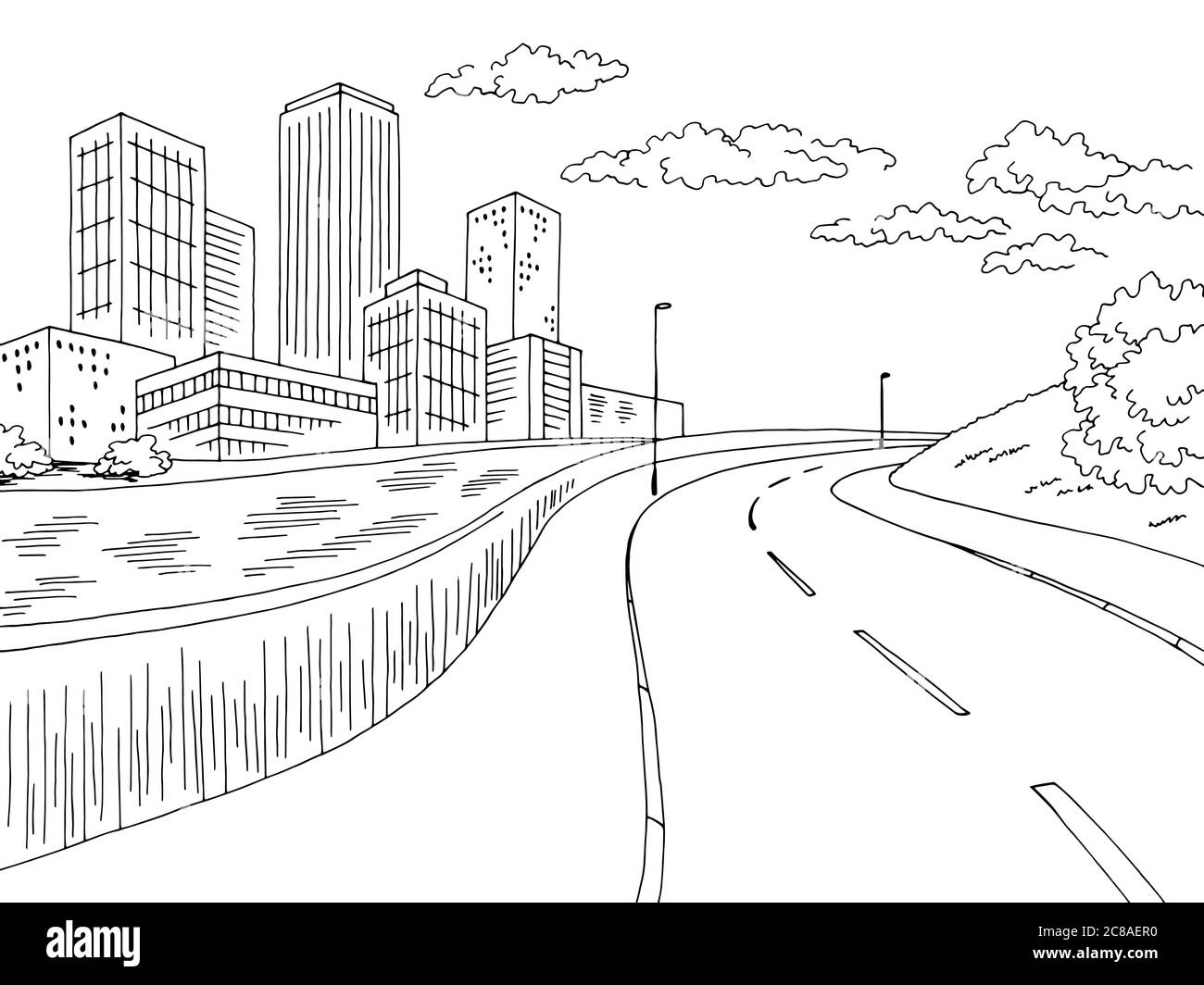 Città fiume grafica nero bianco strada strada città skyline schizzo illustrazione vettore Illustrazione Vettoriale