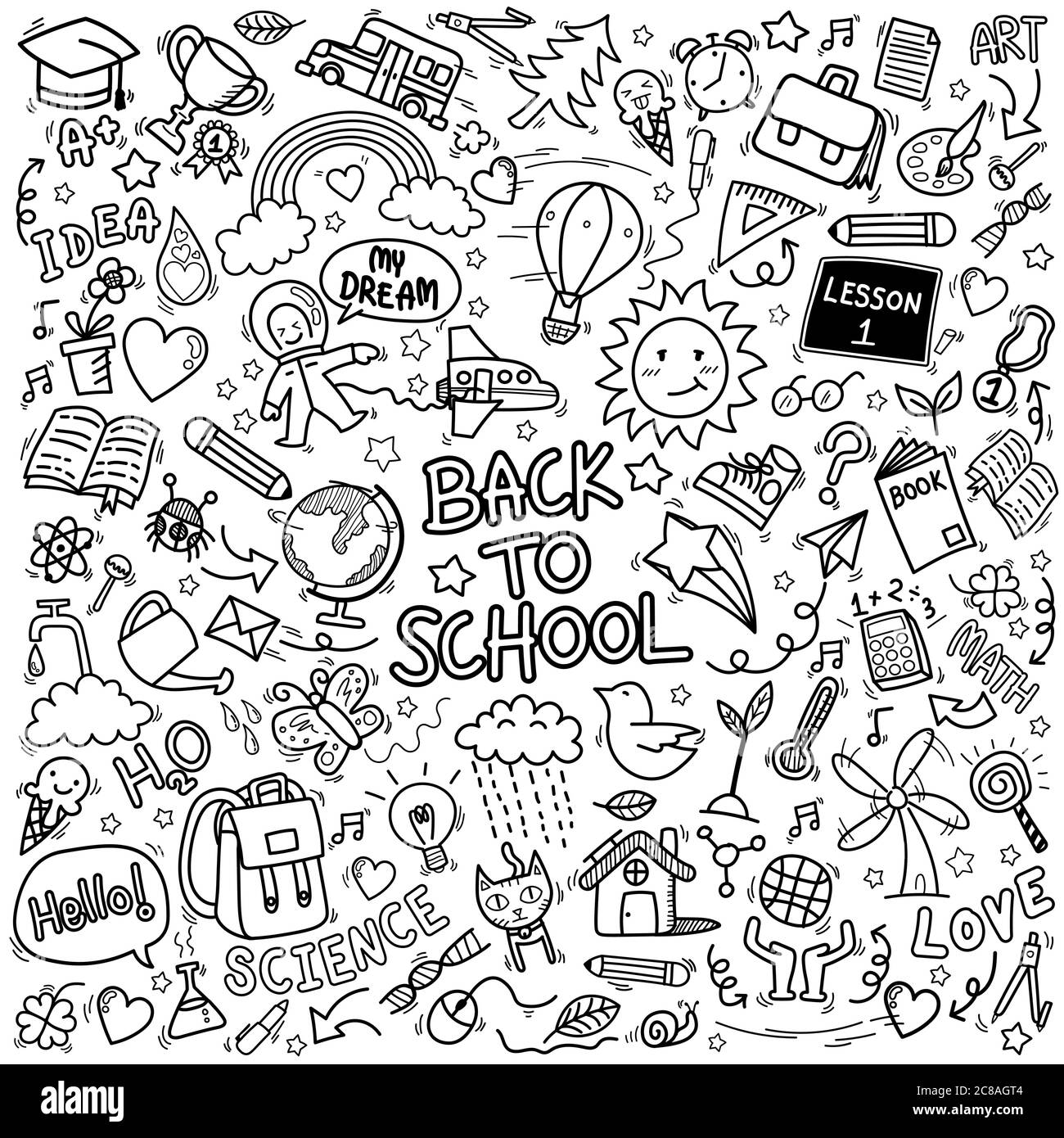 icone di doodle della scuola. segno di istruzione disegnato a mano e simboli di fornitura di cancelleria Illustrazione Vettoriale