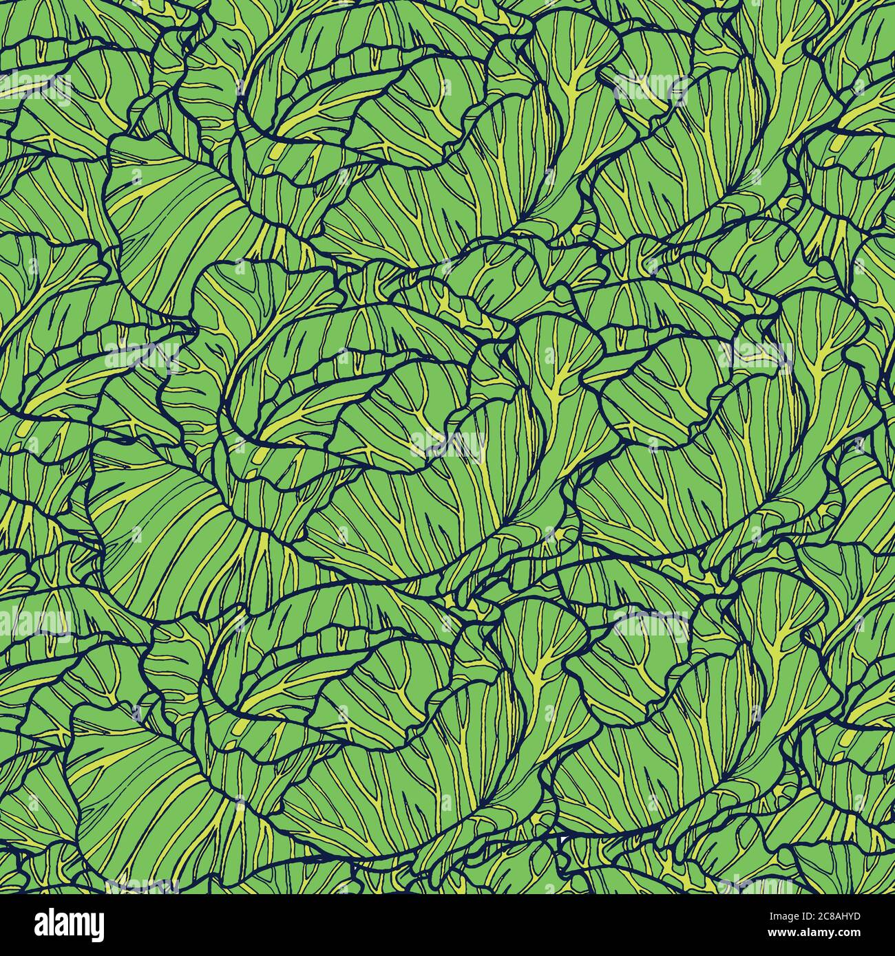 Disegno di cartoni animati senza cuciture con cavolo verde. Sfondo grafico disegnato a mano raster Illustrazione Vettoriale