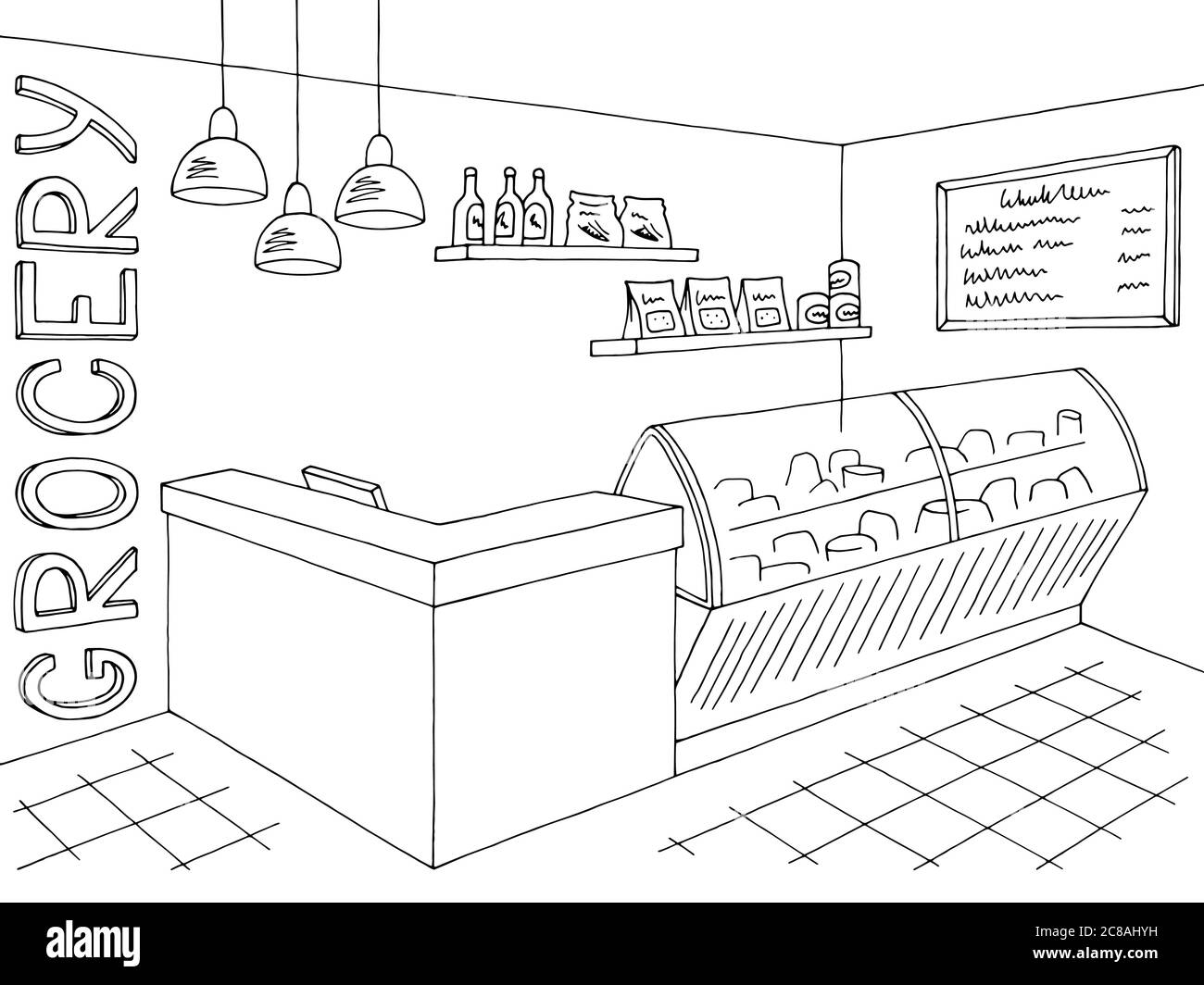 Negozio di alimentari interni nero bianco grafico disegno vettore illustrazione Illustrazione Vettoriale