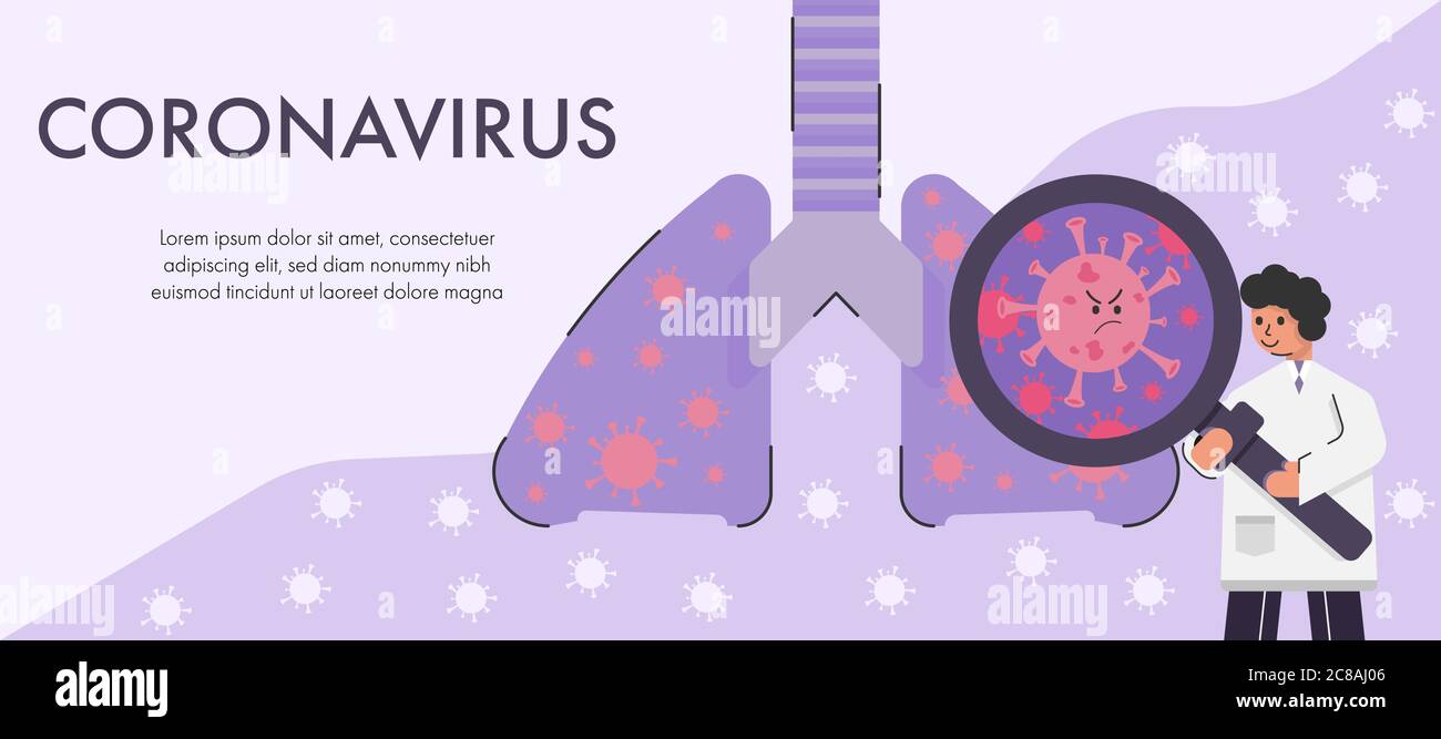 Il medico esamina il coronavirus nei polmoni con una lente di ingrandimento. Illustrazione vettoriale Concept covid-19. Illustrazione Vettoriale