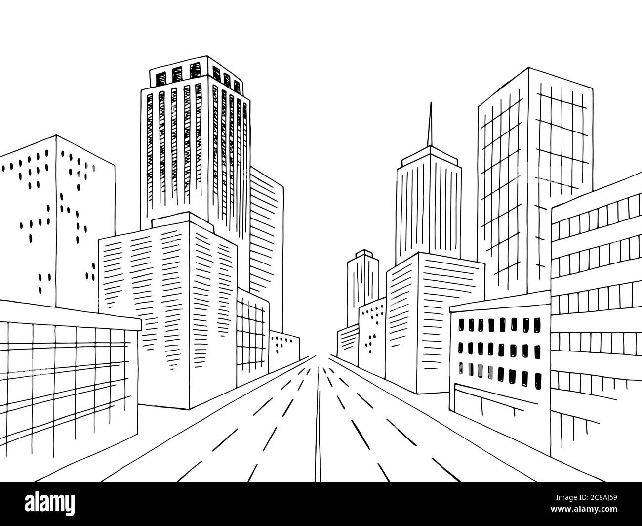 Città strada grafica nero bianco città skyline disegno grafico di schizzo vettore Illustrazione Vettoriale