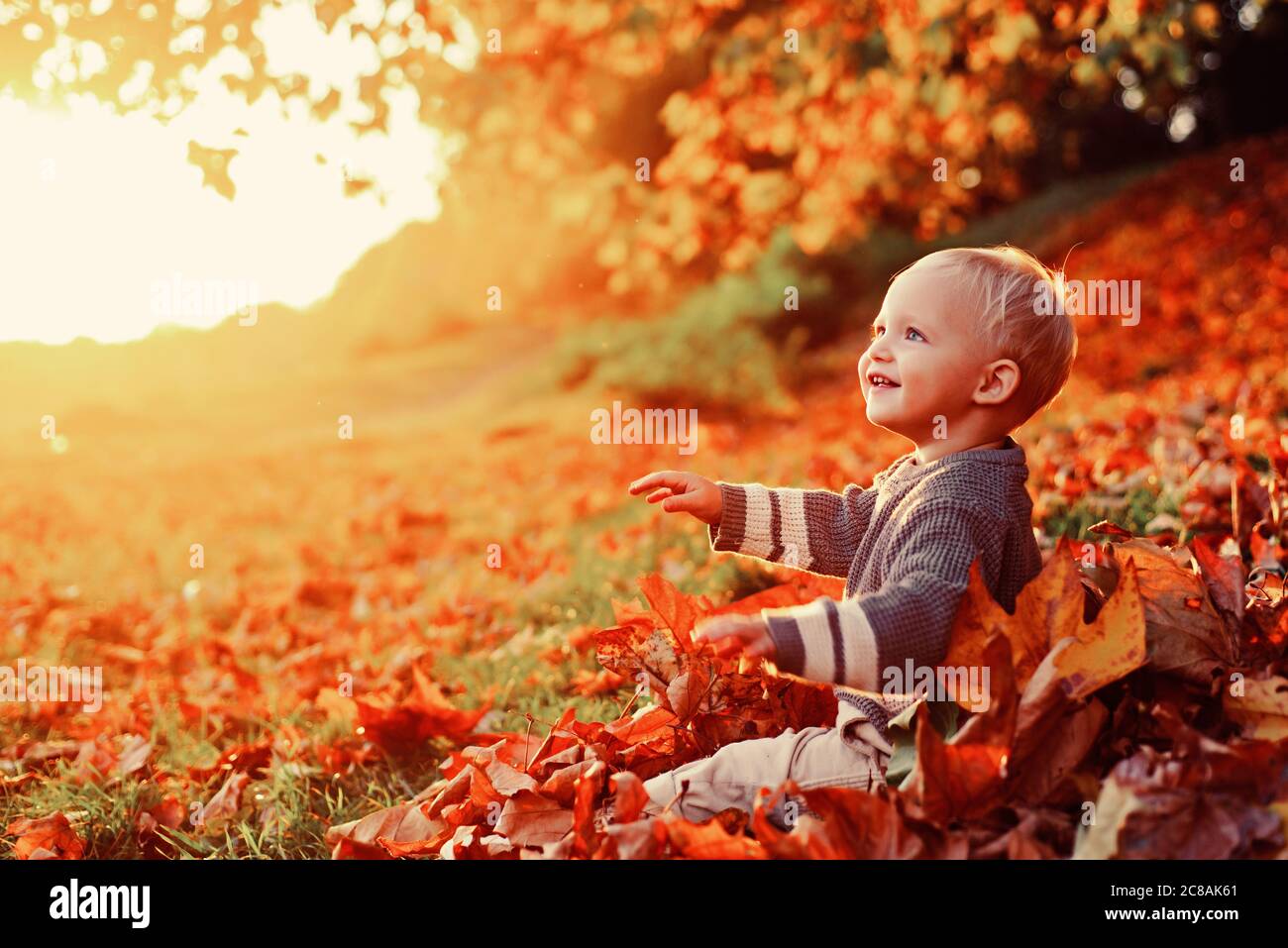Ricordi d'infanzia. Bambino autunno lascia sfondo. Momenti caldi dell'autunno. Gli occhi blu del bambino godono l'autunno. Piccolo bambino elegante al sole Foto Stock