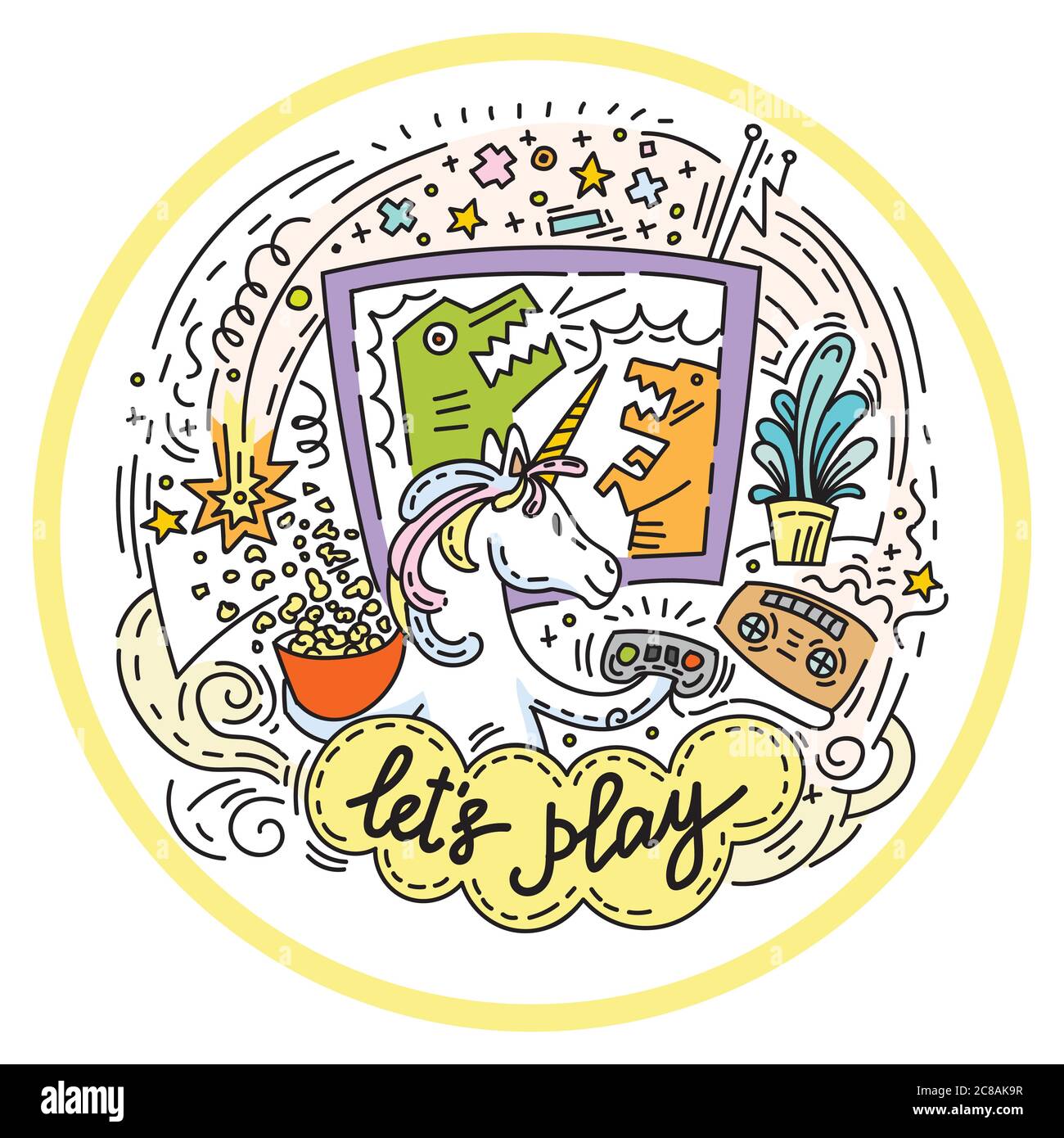 Divertente simpatico unicorn godere di giocare a video gioco. Giochiamo. Carattere di umorismo vettoriale clorful in stile doodle. Illustrazione isolata per adesivi, design Illustrazione Vettoriale