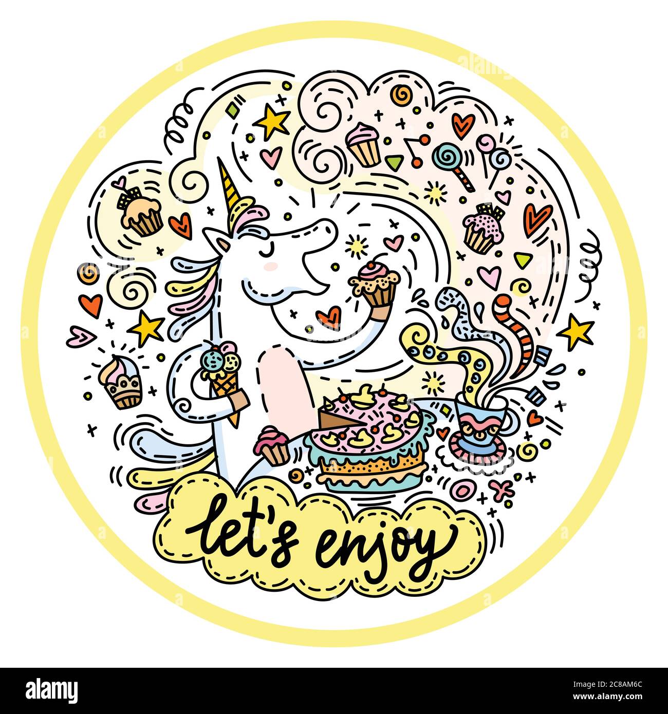 Divertente unicorn carino di buon umore Godetevi mangiare una torta e candy.colorful vettore umorismo carattere in stile doodle in composizione circolare. Per adesivi, des Illustrazione Vettoriale