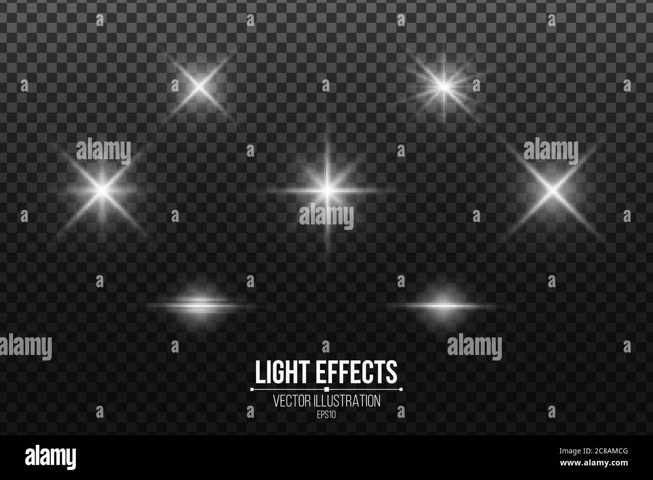 Insieme di stelle brillanti. Effetti di luce isolati su uno sfondo nero trasparente. Riflessi bianchi e riflessi. Illustrazione vettoriale. EPS 10 Illustrazione Vettoriale