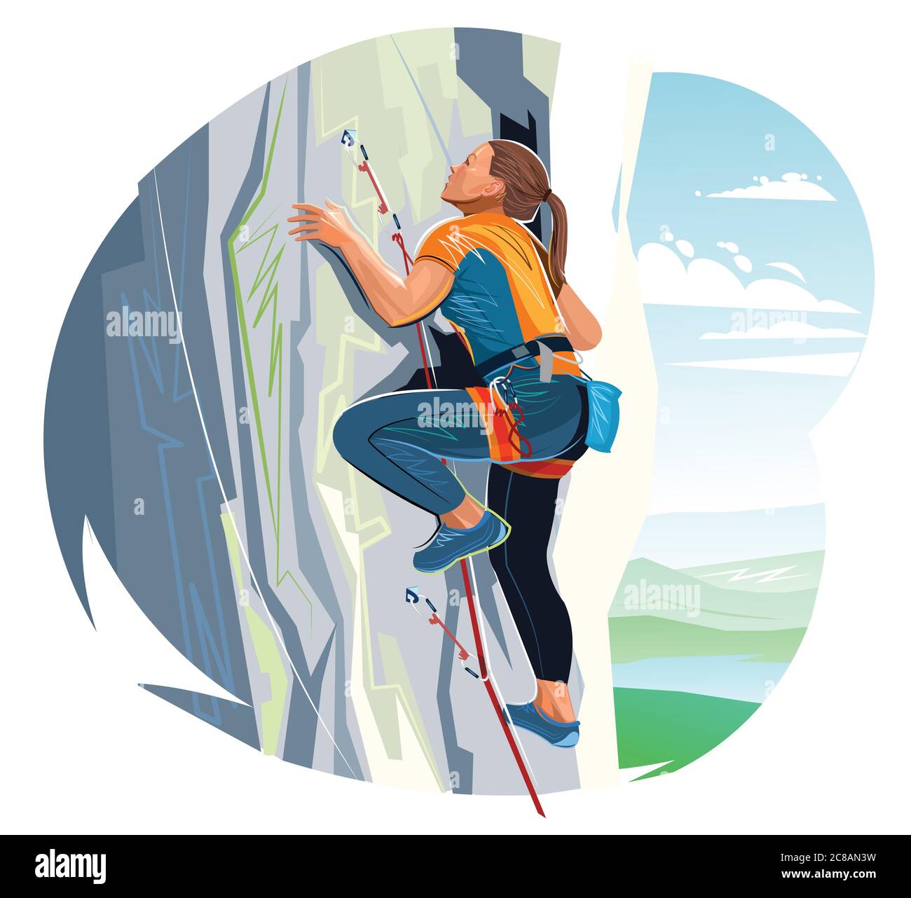 Arrampicatore ragazza vettore alpinista. Isolato. Stile piatto. Donna sport arrampicata. Arrampicata femminile alpinismo. Turismo in montagna. Salita in quota Illustrazione Vettoriale