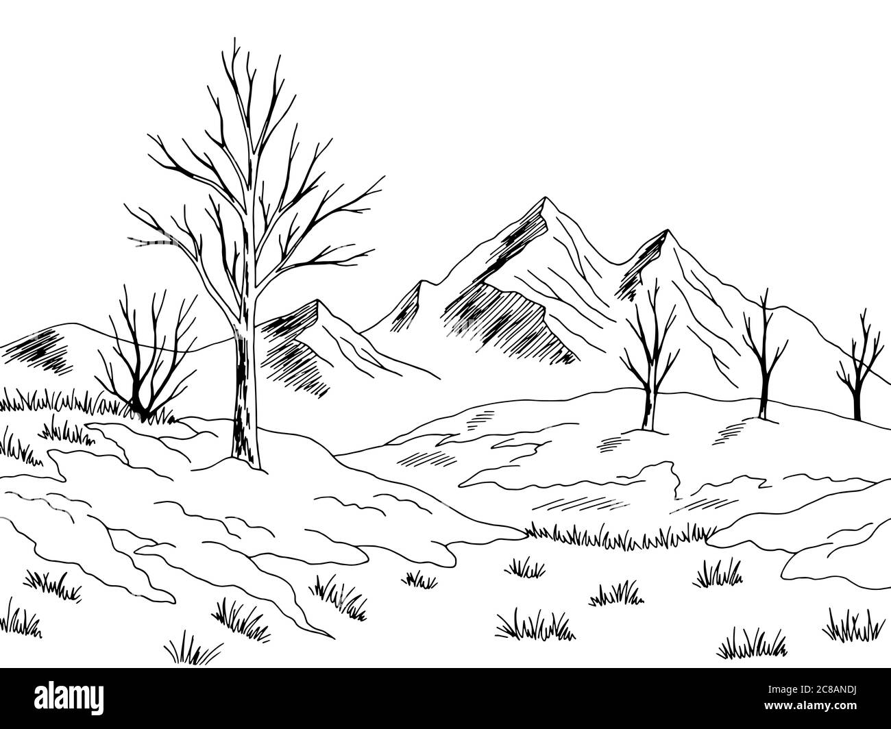 Primavera paesaggio neve fusione grafica nero bianco illustrazione schizzo vettore Illustrazione Vettoriale