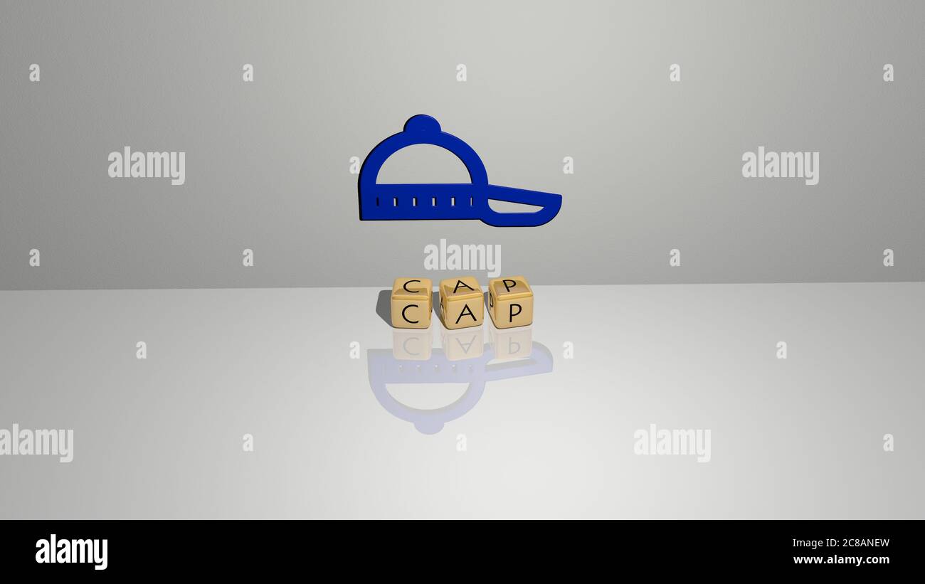Rappresentazione 3D del CAPPUCCIO con icona sulla parete e testo disposto da lettere cubiche metalliche su un pavimento a specchio per il significato concettuale e la presentazione della presentazione. Illustrazione e sfondo Foto Stock