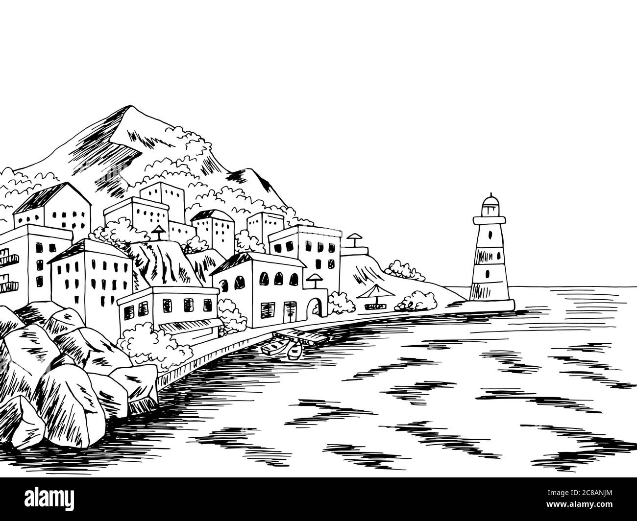 Città mare grafico nero bianco baia disegno paesaggio vettore illustrazione Illustrazione Vettoriale