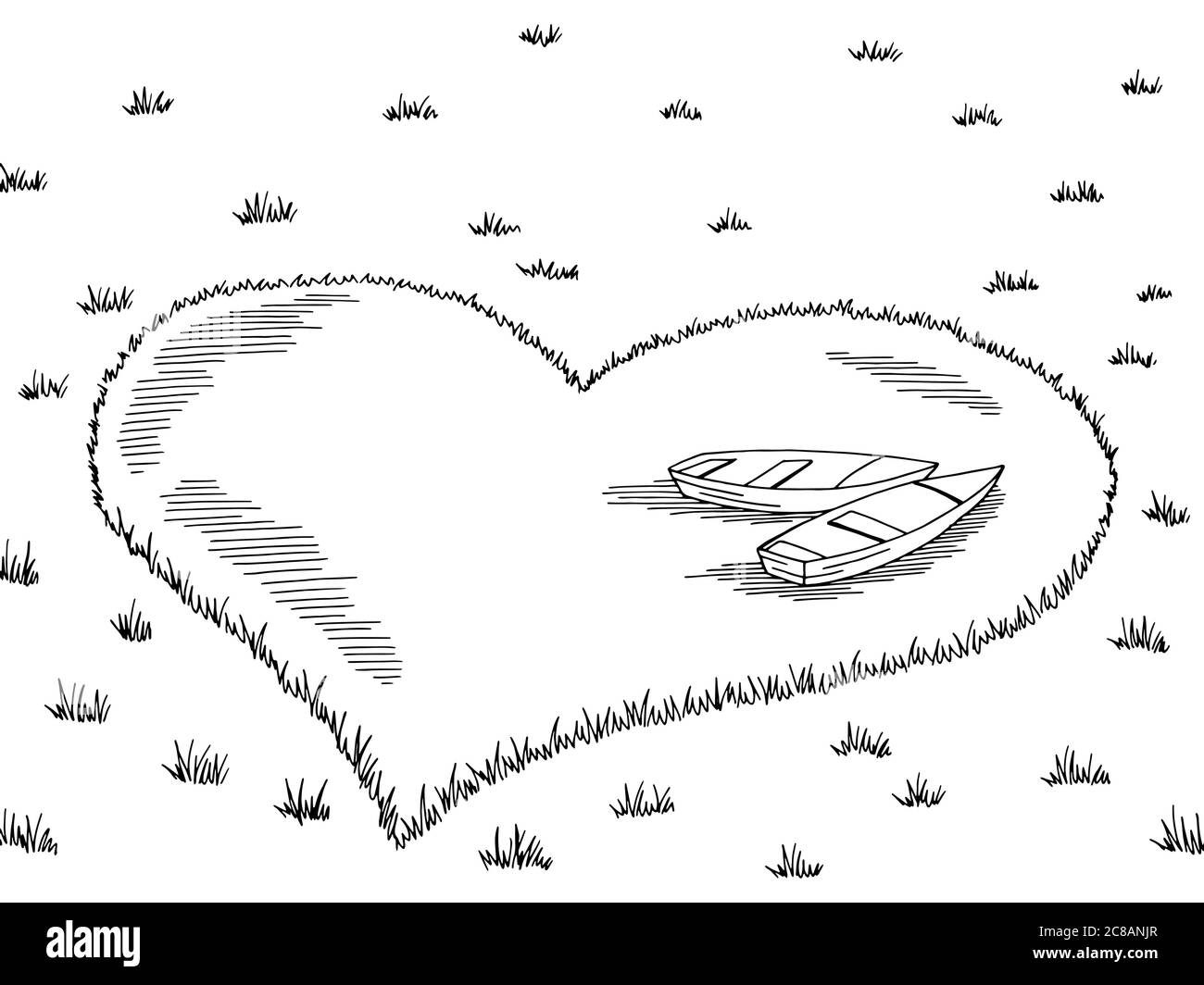 Lago cuore forma barche grafica bianco nero disegno grafico disegno paesaggio vettore Illustrazione Vettoriale