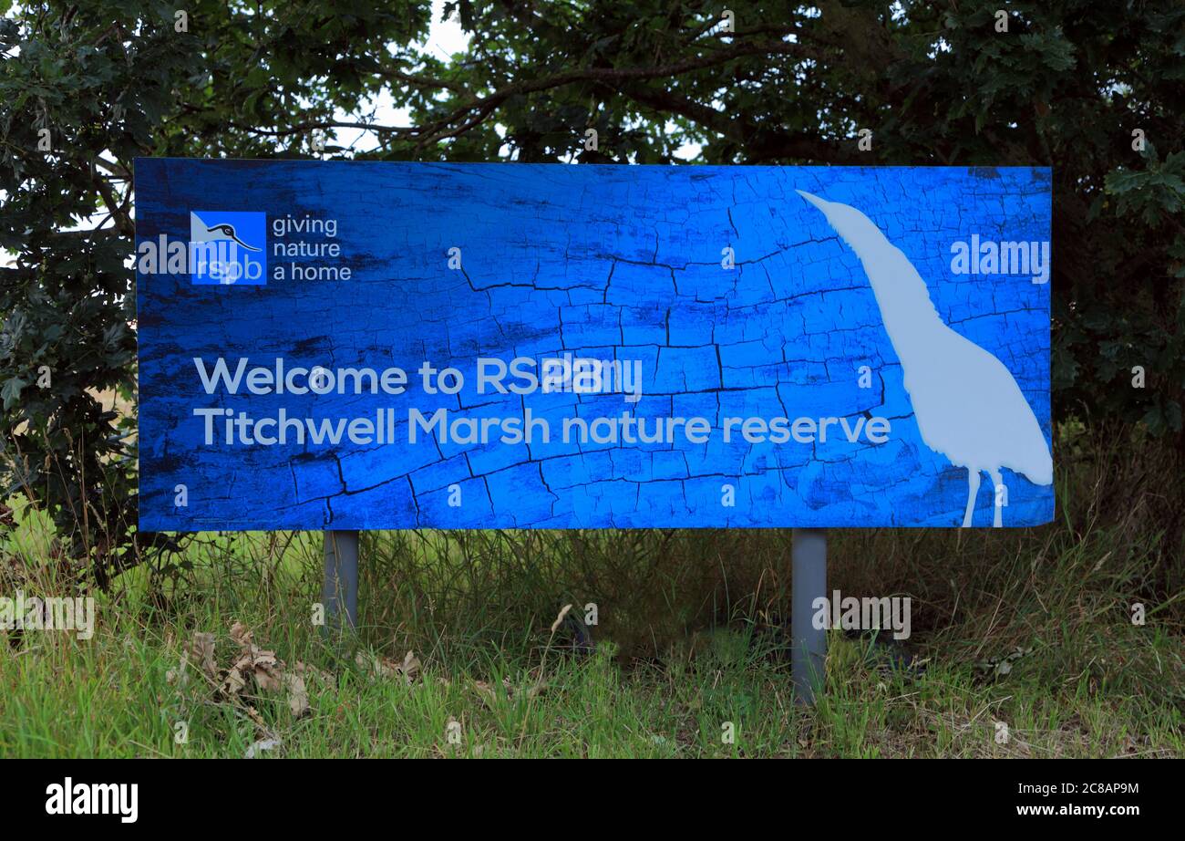 Titchwell Marsh, RSPB, cartello di benvenuto, riserva naturale, riserve, Norfolk, Inghilterra, Regno Unito Foto Stock