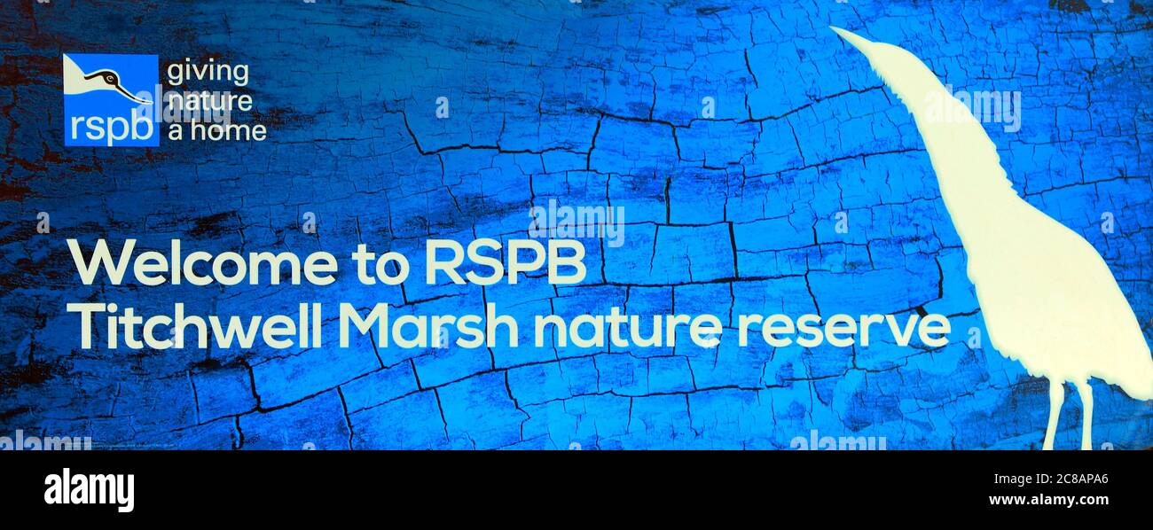 Titchwell Marsh, RSPB, cartello di benvenuto, riserva naturale, riserve, Norfolk, Inghilterra, Regno Unito Foto Stock