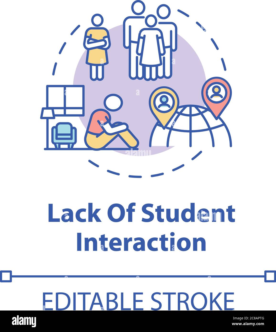 Icona di concetto di mancanza di interazione tra gli studenti. Deboli competenze sociali. L'apprendimento a distanza presenta svantaggi nell'illustrazione a linee sottili. RGB vettoriale isolato Illustrazione Vettoriale