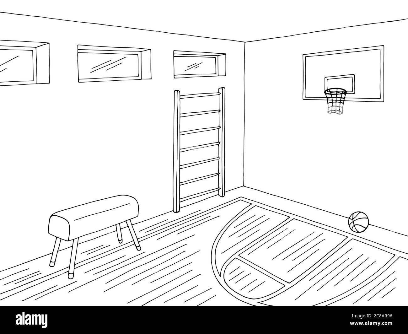 Sport hall scuola palestra interno grafico nero bianco disegno illustrazione vettore Illustrazione Vettoriale