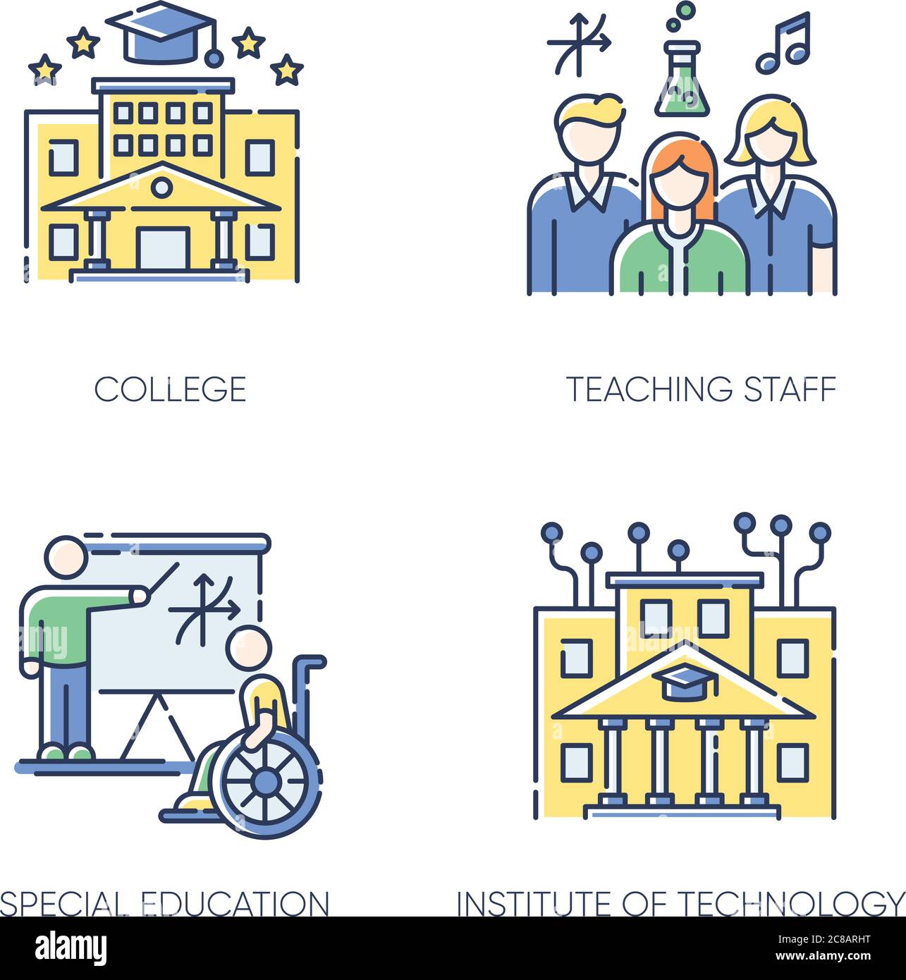 Set di icone a colori RGB per l'istruzione superiore. Istituto di tecnologia, università. Personale docente professionale e condizioni di apprendimento speciali. Vettore isolato i Illustrazione Vettoriale