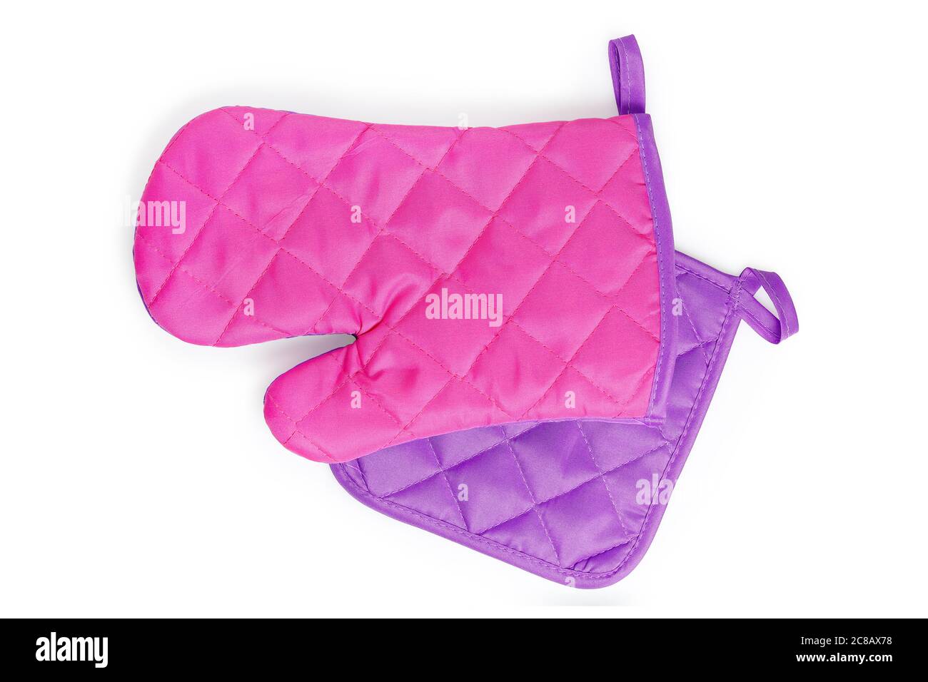 guanto da cucina e porta pentole isolati su bianco Foto Stock