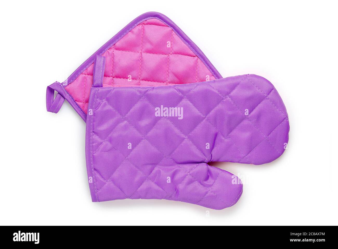 guanto da cucina e porta pentole isolati su bianco Foto Stock