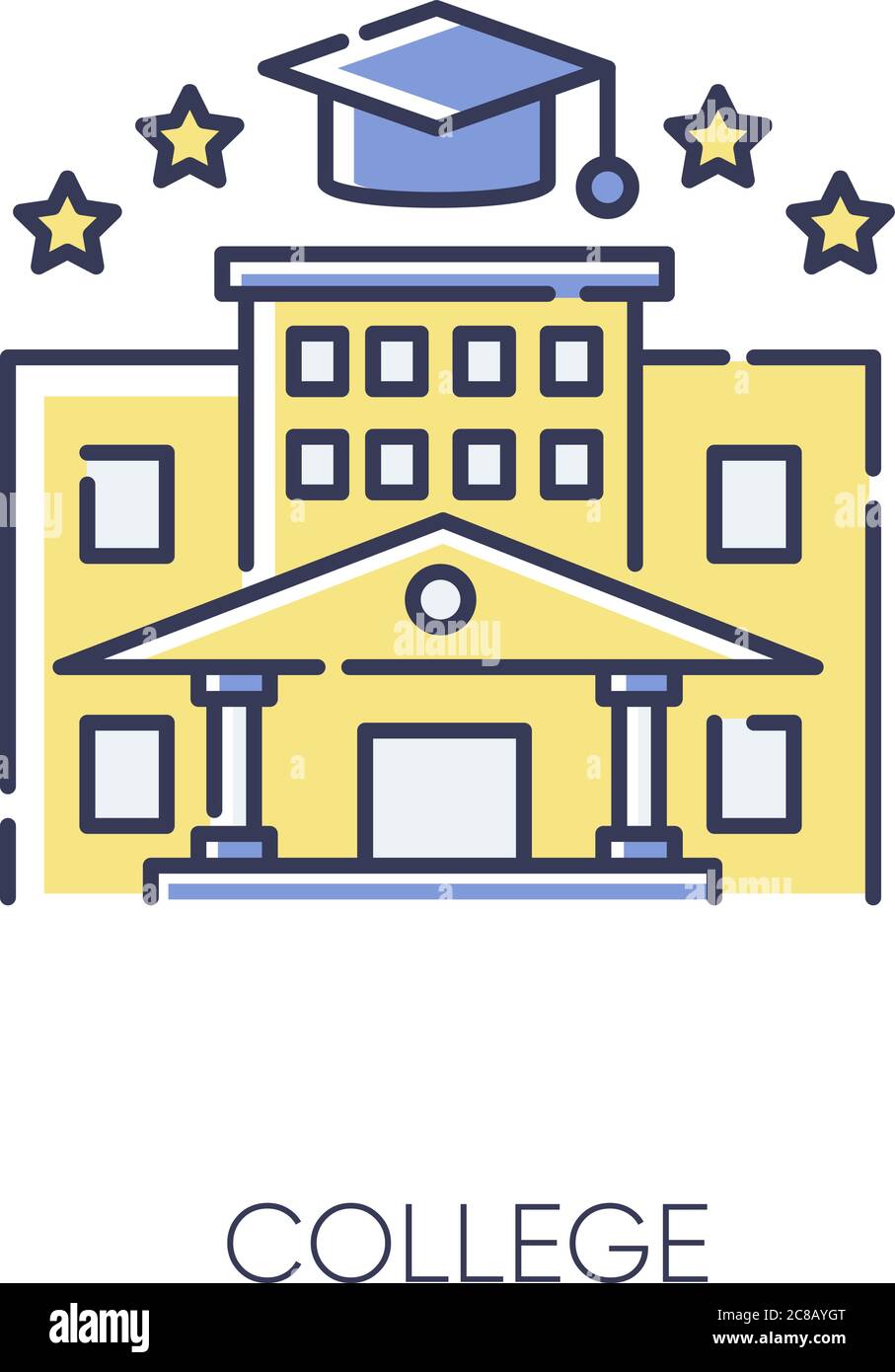 Icona colore RGB College. Istruzione superiore. Istituzione accademica, prestigiosa palestra, laurea universitaria. Campus e bachelors CAP vettore isolato Illustrazione Vettoriale