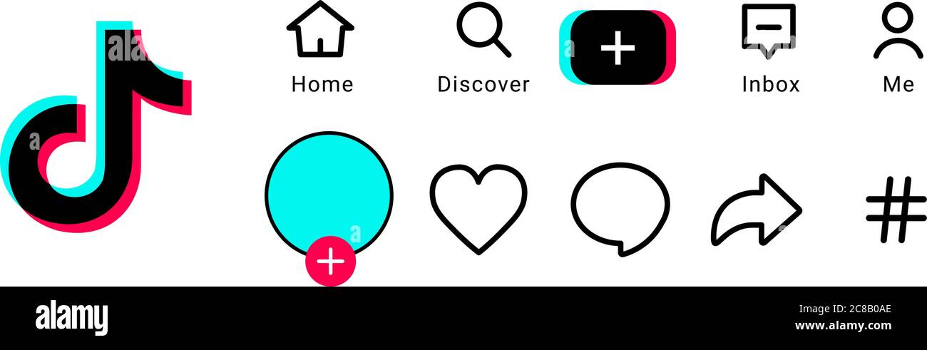 Modelli di icone. Layout dei pulsanti Web dell'applicazione mockup, ui. Concetto di Tik Tok dei social media. Illustrazione vettoriale su sfondo bianco. Illustrazione Vettoriale