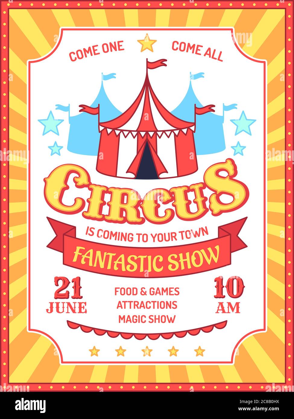 Poster del Circus. Invito a eventi fieristici, annuncio di spettacoli di carnevale, tenda circus e sfondo vettoriale banner retro testo pubblicitario. Marchese con ventola Illustrazione Vettoriale