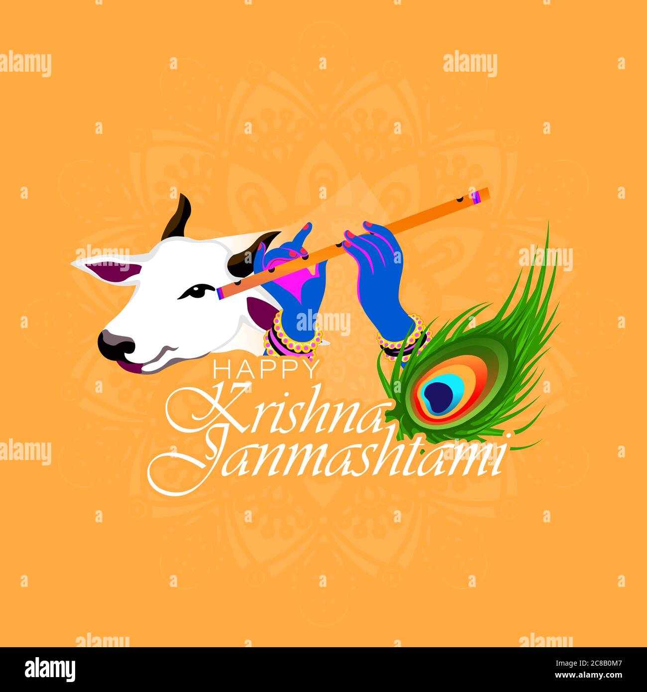 Shri Krishna Jammashtami significa compleanno del Signore Krishna. Strumento musicale bansuri e pavone piuma. Vacca Santa. Illustrazione vettoriale. Illustrazione Vettoriale