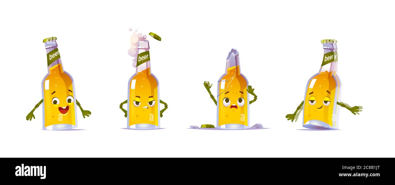 Simpatico personaggio bottiglia di birra in diverse posizioni. Vettore insieme di cartone animato divertente chat bot, birra personage felice, arrabbiato, ubriaco, rotto. Sad mascotte lager pinta con collo di bottiglia rotto Illustrazione Vettoriale