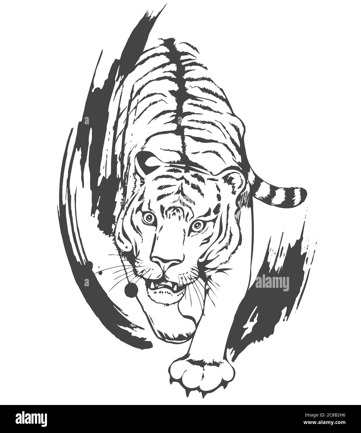 Aggressiva tigre attaccante sulla caccia. Contorno nero con pennellate. Isolato su sfondo bianco. Illustrazione Vettoriale Aggressiva tigre attaccante sulla caccia. Contorno nero con pennellate. Isolato su sfondo bianco. Illustrazione Vettoriale