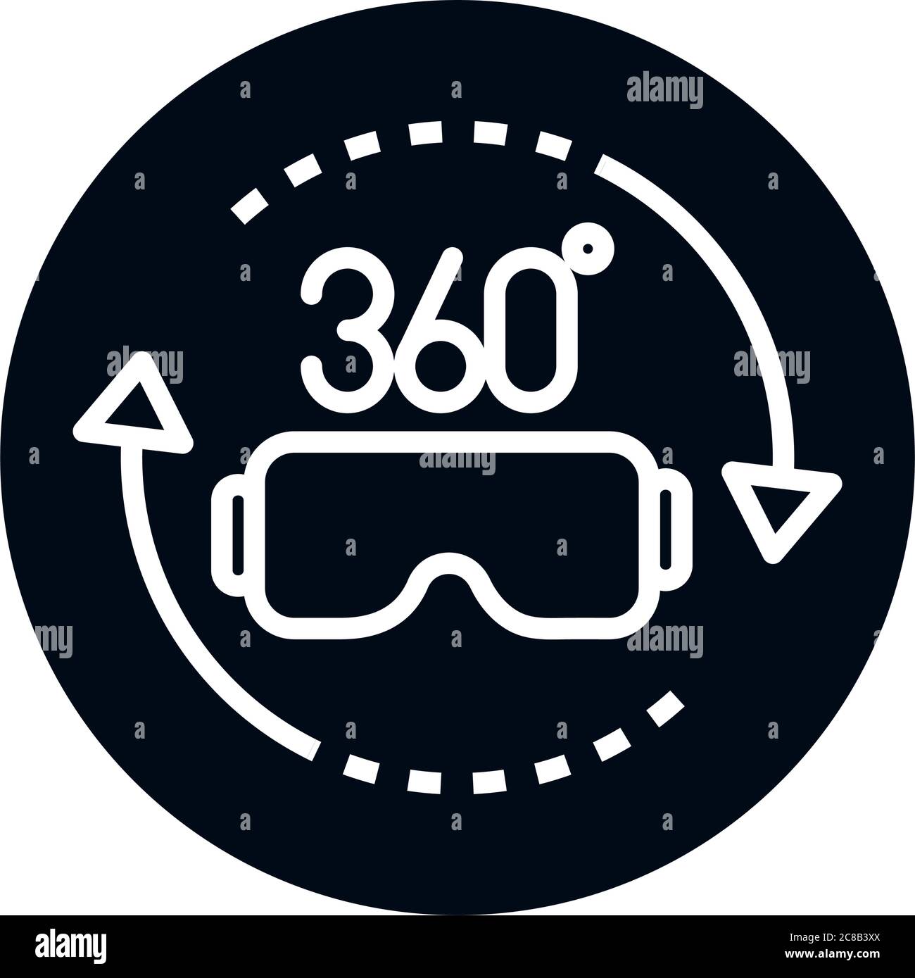 immagine vettoriale di progettazione di icone di stile linea e blocchi di realtà virtuale con occhiali di rotazione a 360 gradi Illustrazione Vettoriale