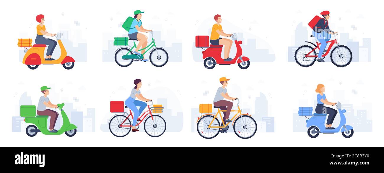 Scooter consegnato. Il corriere del ragazzo in casco sulla bicicletta trasporta il pacco, il cibo veloce. Consegna del prodotto con ciclomotore in set vettoriale urbano. Donna e uomo c Illustrazione Vettoriale