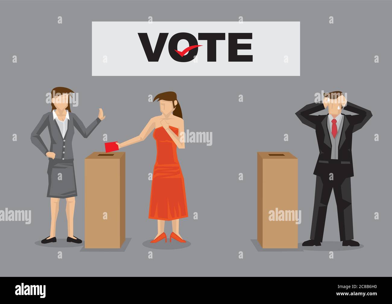 L'elettore femminile ha espresso il suo voto nella casella di voto per la candidata femminile e la sensibilità del candidato maschile ha sottolineato. Illustrazione vettoriale cartoon su isolo votante Illustrazione Vettoriale