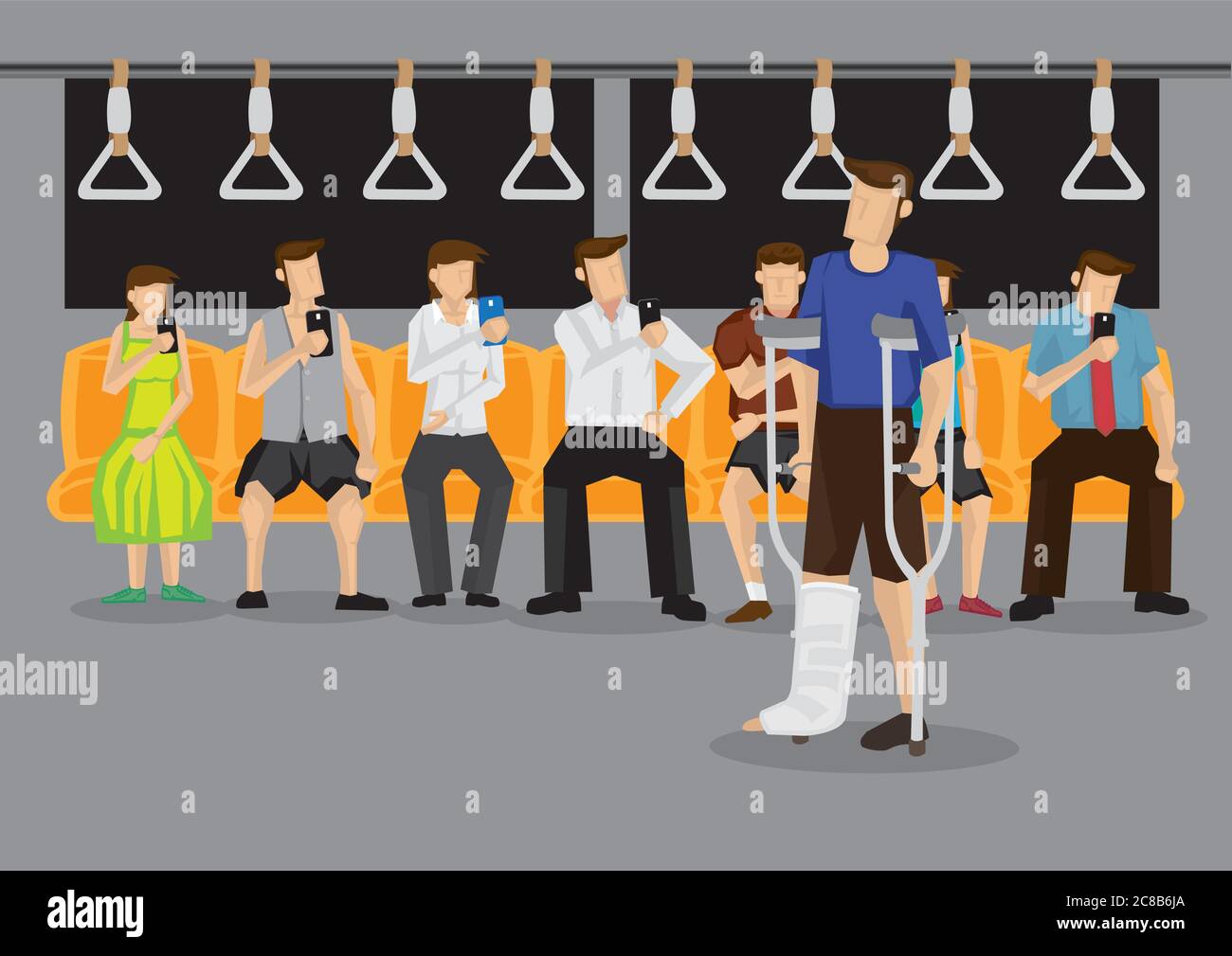 I passeggeri in metropolitana che guardano i telefoni senza notare una persona handicappata con la stampella e la gamba in gesso gettato in bisogno di posto. Illustrazione vettoriale Illustrazione Vettoriale
