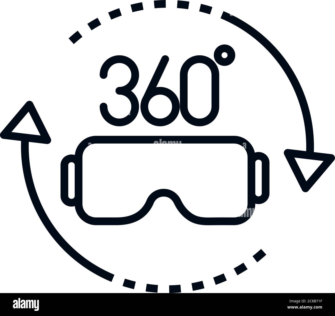 immagine vettoriale di un disegno di icone di stile lineare di realtà virtuale con lenti di rotazione a 360 gradi Illustrazione Vettoriale