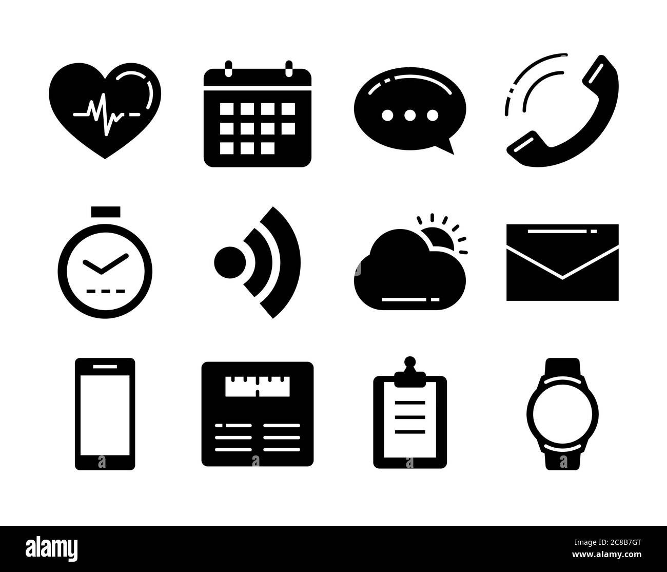 Icone per il fitness tracciano i dati della tecnologia con lo smartwatch delle applicazioni dal design piatto. Illustrazione Vettoriale