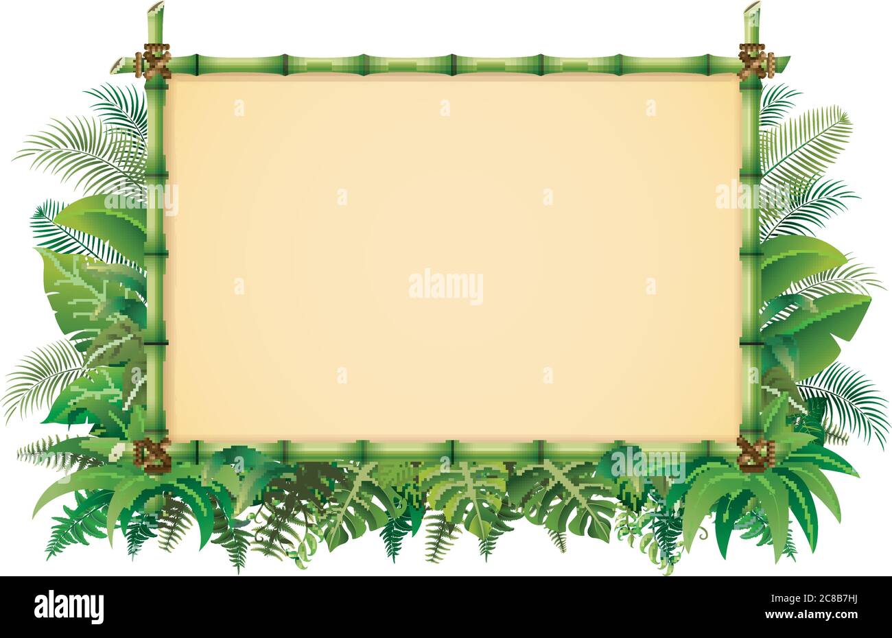 Sfondo tropicale dal design floreale con cornice di bambù verde Illustrazione Vettoriale