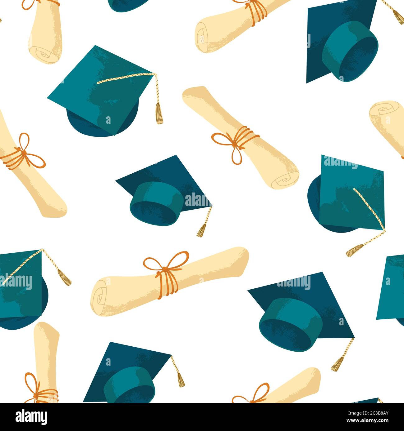 Tappi graduati con disegno a mano in senza cuciture Dipoma. Vettore sfondo ripetuto con cappello accademico e diploma in stile cartoni piani con texture Illustrazione Vettoriale