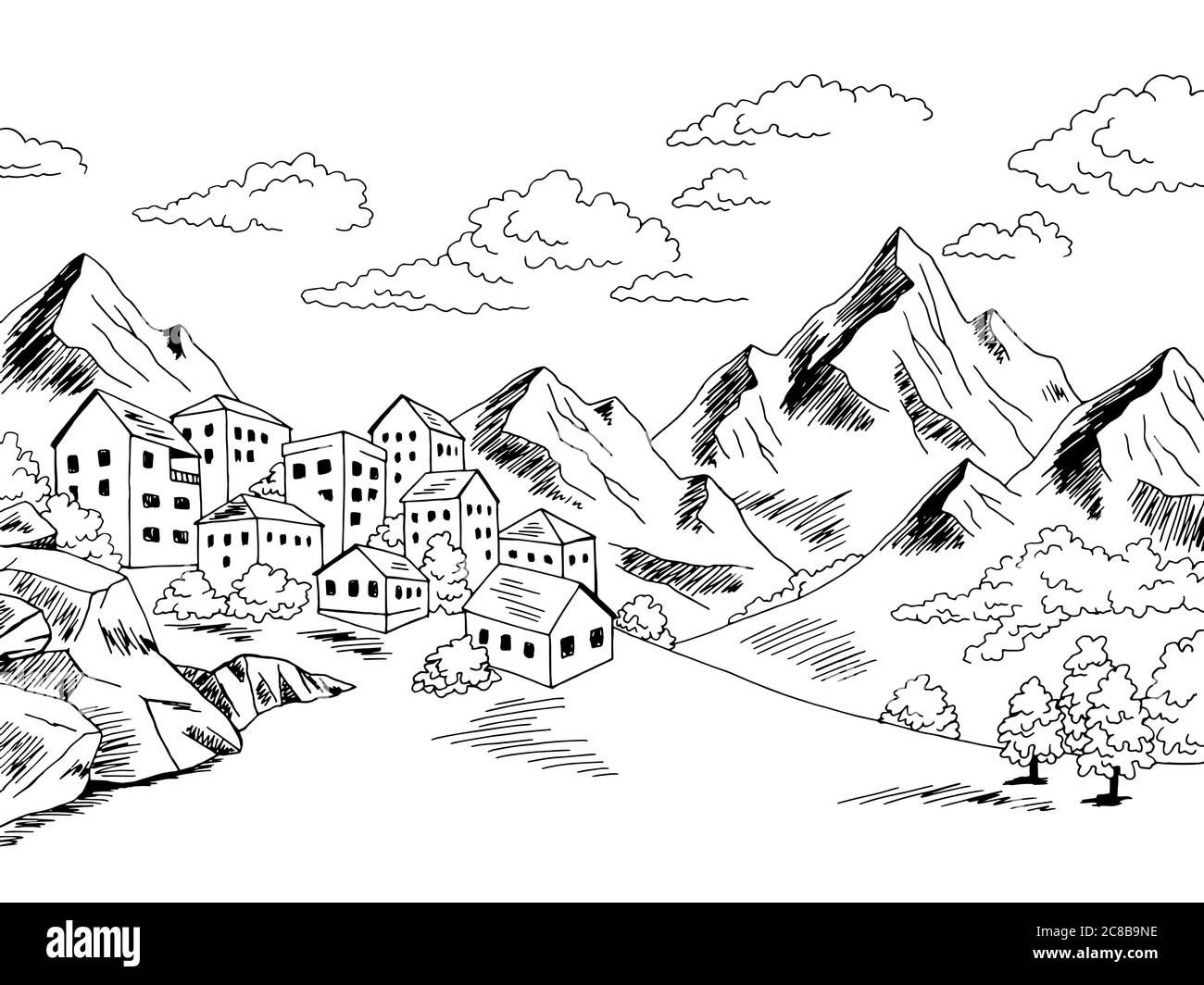 Città montagna grafica nero bianco disegno paesaggio vettore illustrazione Illustrazione Vettoriale