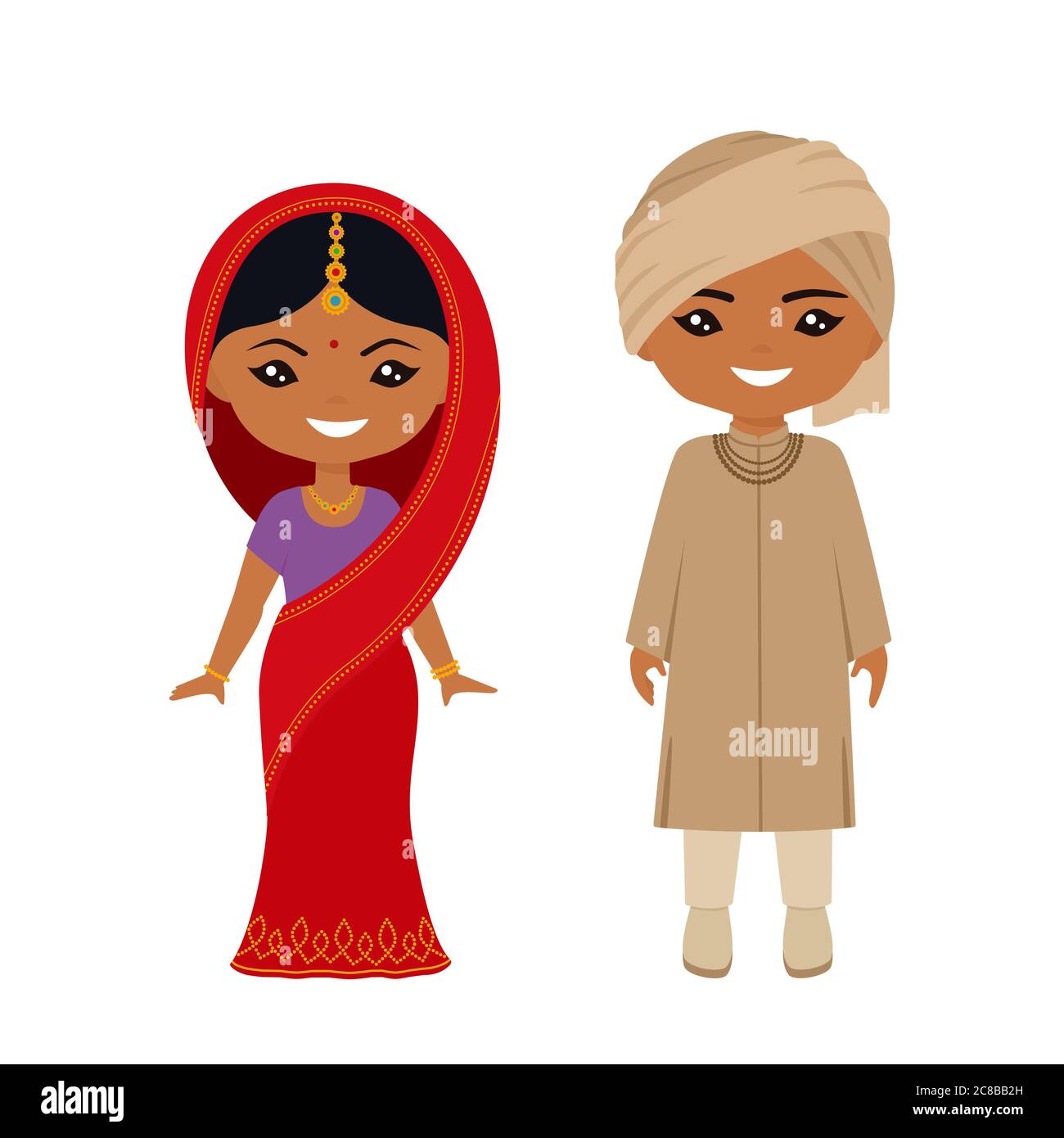 Simpatici personaggi chibi in costume nazionale indiano. Stile cartoon piatto. Illustrazione vettoriale Foto Stock