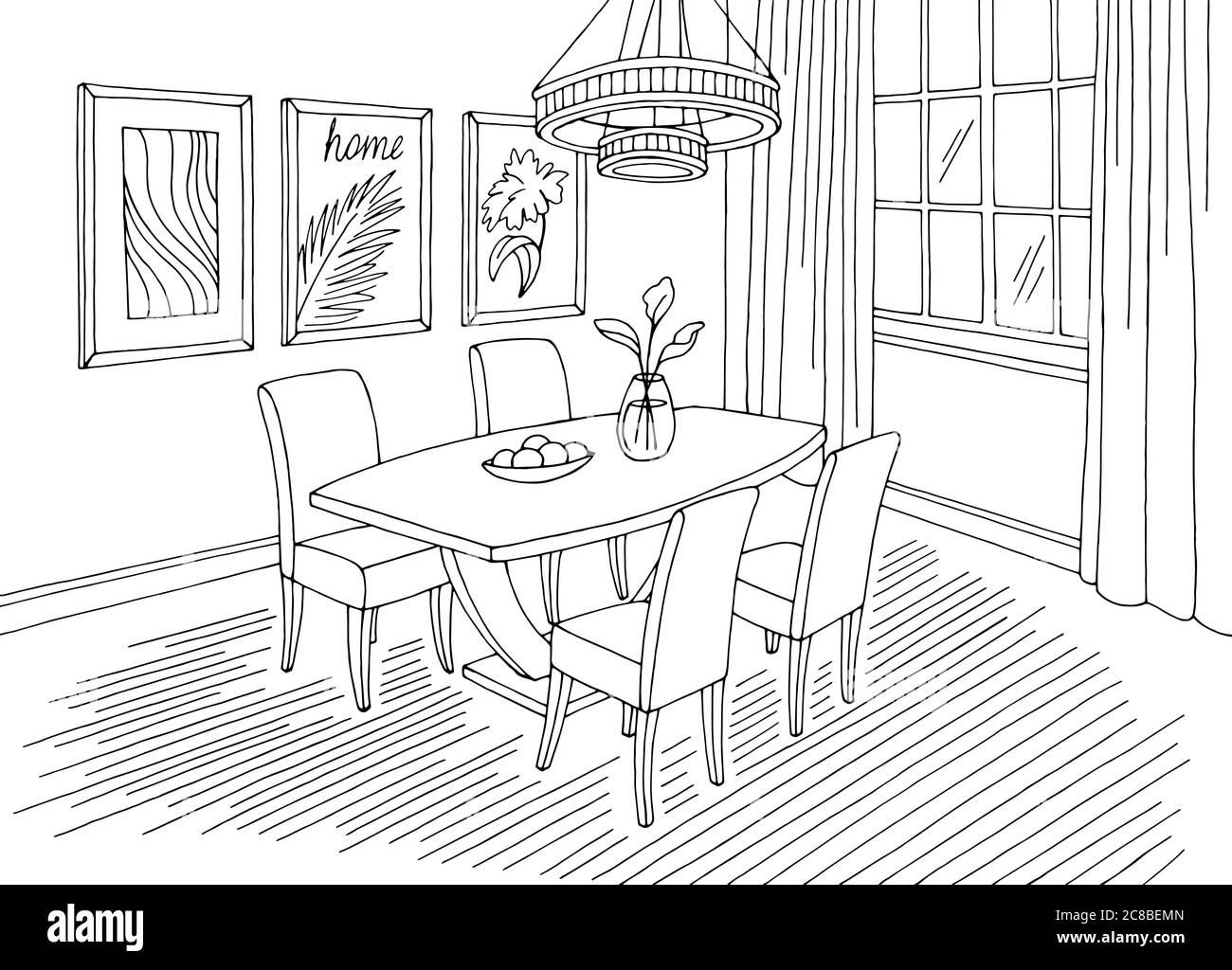 Sala da pranzo home interno grafico nero bianco illustrazione vettore schizzo Illustrazione Vettoriale