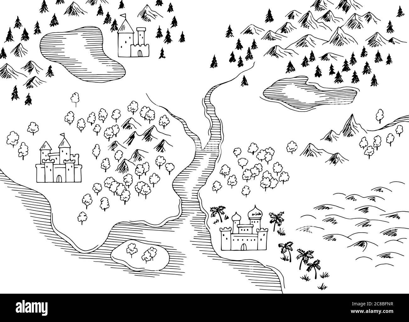 Vettore grafico retrò della vecchia mappa con illustrazione dello schizzo in bianco nero Illustrazione Vettoriale