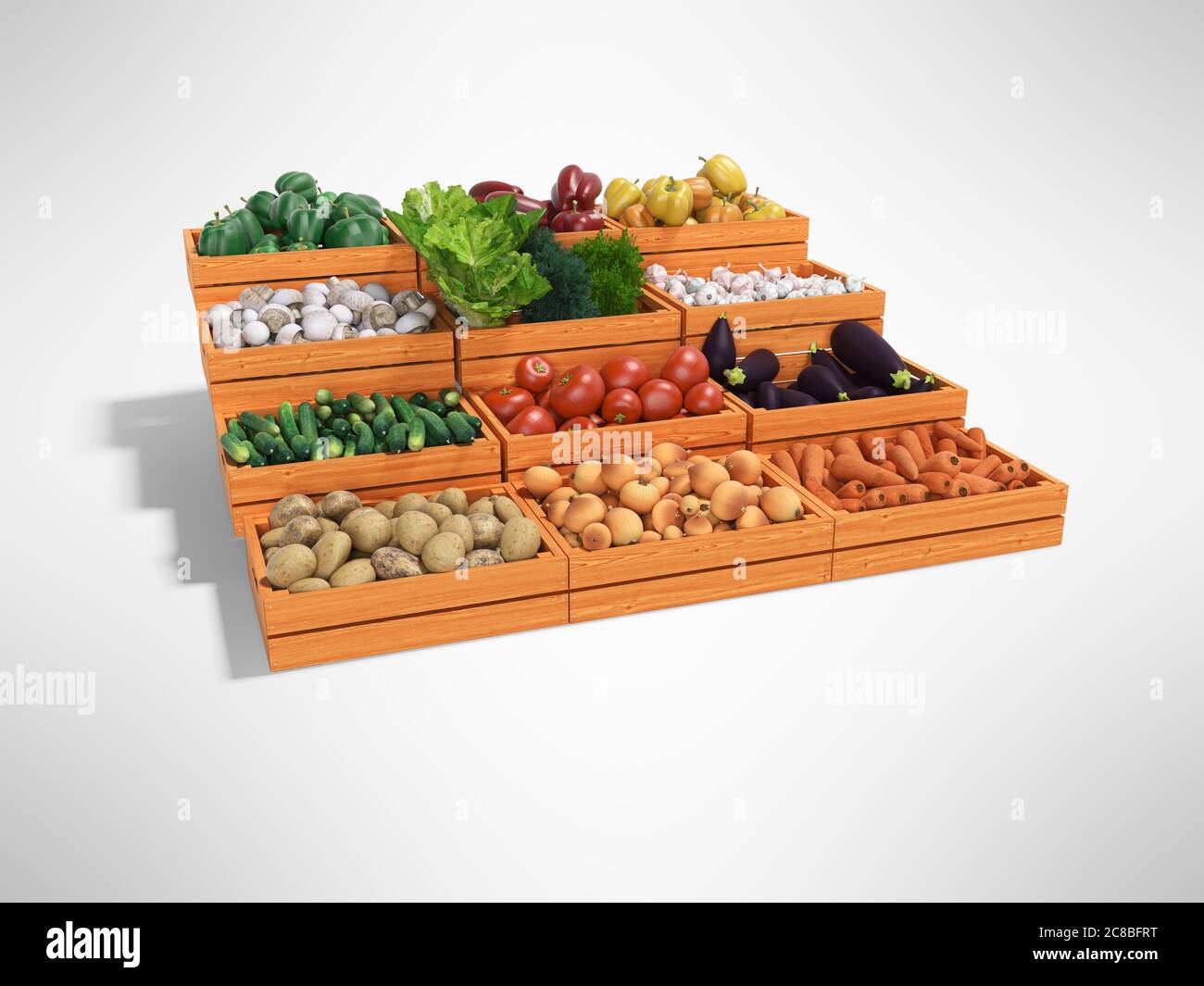 Concept vendita di set di verdure in scatole di legno posteriore rendere su sfondo grigio con ombra Foto Stock
