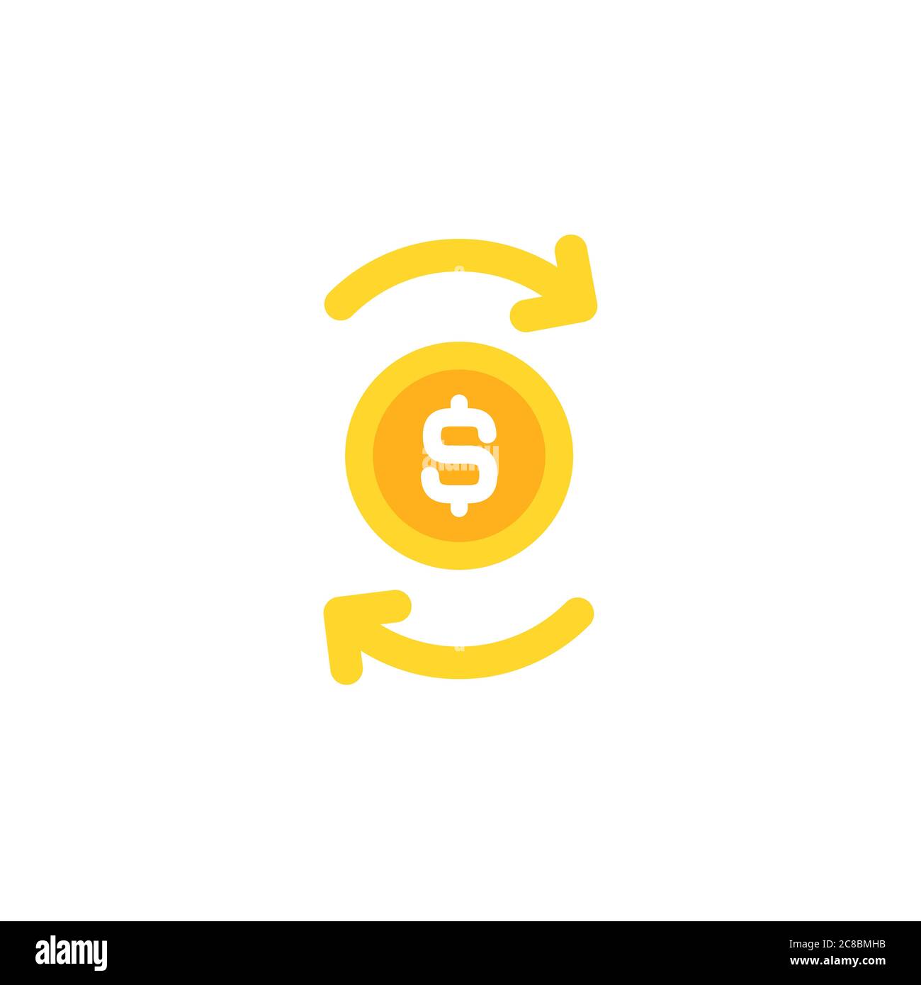 Due frecce rotonde d'oro con moneta del dollaro d'oro. Icona piatta. Isolato su bianco. Icona di cambio valuta. Simbolo di economia, finanza, denaro, investimenti. VECTO Illustrazione Vettoriale